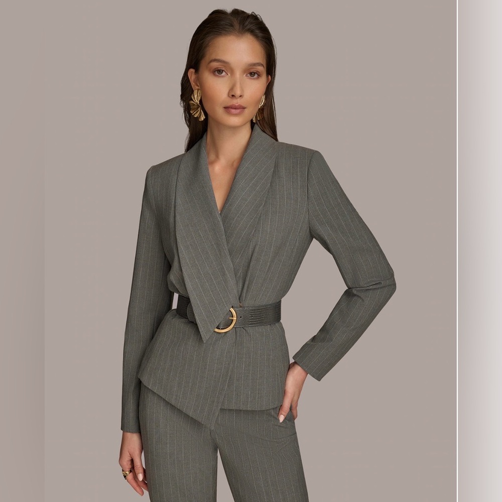 NWT Donna Karan Women’s Belted Pinstripe Jacket. Size 12. Arctic Frost/Ivory